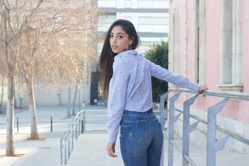 Portrait of sensual and fashion caucasian young model woman. Posing with ideal slim sexy body,...