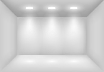 Realistic 3d white light box with spotlights or projector. Showroom illumination. Lightbox background for show, exhibition. Studio interior blank and empty template.