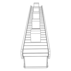 Conveyor belt section with pack boxes. Factory production equipment. Wireframe low poly mesh vector illustration