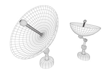 Obraz premium Directional radio antenna with satellite dish. Astronomy radio telescope. Wireframe low poly mesh vector illustration