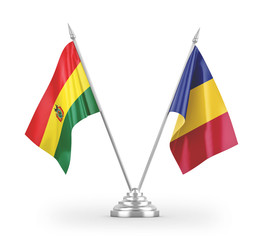 Romania and Bolivia table flags isolated on white 3D rendering