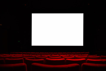 Movie theatre with empty armchairs and empty cinema curtain. - obrazy, fototapety, plakaty