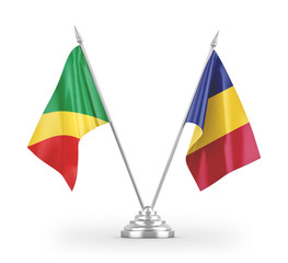 Romania and Congo table flags isolated on white 3D rendering