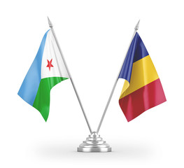 Romania and Djibouti table flags isolated on white 3D rendering