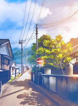 Digital image drawing alley in Japan With houses, trees, electricity poles, traffic signs.
