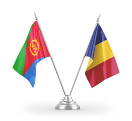 Romania and Eritrea table flags isolated on white 3D rendering