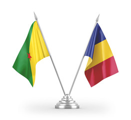 Romania and French Guiana table flags isolated on white 3D rendering