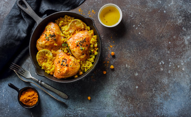 Fried chicken thighs with rice and chickpeas - obrazy, fototapety, plakaty