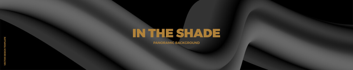 Panorama. Black and grey abstract background with 3d flow gradient shapes. Trendy horizontal design template for banners, headers, covers, presentations, identity, landing pages. Vector illustration.
