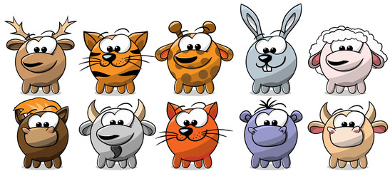 Vector illustration of cute animal set including Deer, Tiger, Giraffe, Rabbit, Sheep, Horse, Buffalo, Cat, Hippo and Cow