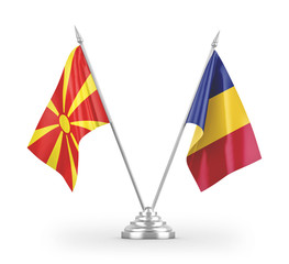 Romania and North Macedonia table flags isolated on white 3D rendering