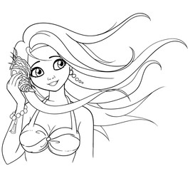 Girl holds a seashell. Woman wearing swimsuit and pearl earrings. Vector Eps 10. Can be used for coloring book, T-shirt, tattoo, print and cards. Black and white colors.