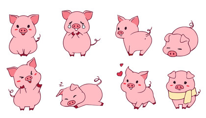Cute little piggy set. Hand drawn vector illustration. Funny emoji.