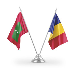 Romania and Maldives table flags isolated on white 3D rendering