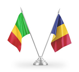 Romania and Mali table flags isolated on white 3D rendering