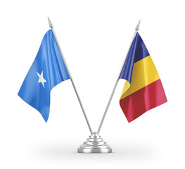 Romania and Somalia table flags isolated on white 3D rendering