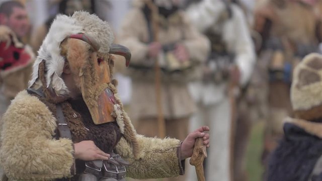Participants take part in the International Festival of Masquerade Games Surva. The festival promotes variations of ancient Bulgarian and foreign customs and masks. x5 slow motion.