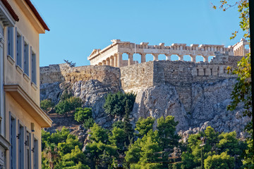 Athens Greece, street view to Parthenon temple on Acropolis hill