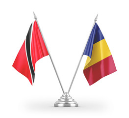 Romania and Trinidad and Tobago table flags isolated on white 3D rendering