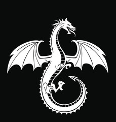 Stylized white Dragon silhouette on black background