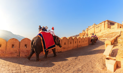 Amber Fort panorama: tourists on the elephants, Jaipur, India