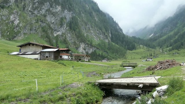Traditional farm houses in Austrian Alps Wimmertal valley in Tirol.