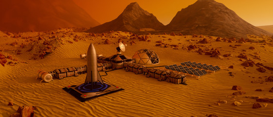 an outpost on the red planet mars (3d rendering) - obrazy, fototapety, plakaty