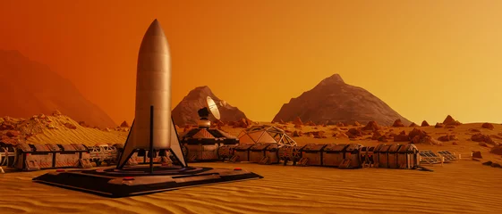 Fotobehang een buitenpost op de rode planeet Mars (3D-rendering) © rtype