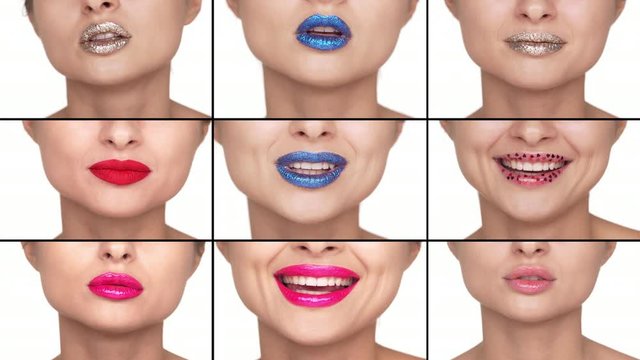 Makeup and fashion concept. Multiscreen collage of women lips with bright fashionable lipsticks on, girls smiling and pouting sensualy, apply glamour glitter. Hushing with forefinger pressed to mouth