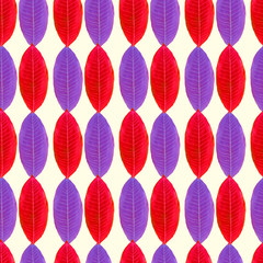 Red and purple leaves, hand painted watercolor illustration, seamless pattern design on soft background