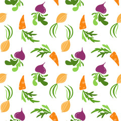 Seamless pattern with colorful vegetables on a white background. Vegetarian food wallpaper.. Healthy nutrition.