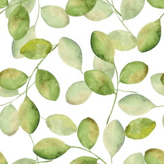 Watercolor seamless floral pattern with green leaves. Hand-drawn background
