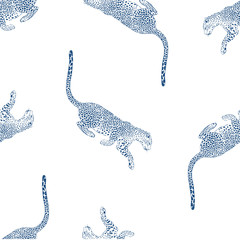 Cheetah hand drawn vector seamless pattern. Wild exotic cat sketch backdrop. Jaguar blue ink drawing. Animalistic textile print, leopard wallpaper design