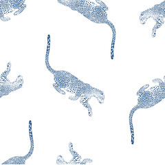 Cheetah hand drawn vector seamless pattern. Wild exotic cat sketch backdrop. Jaguar blue ink drawing. Animalistic textile print, leopard wallpaper design © AngellozOlga