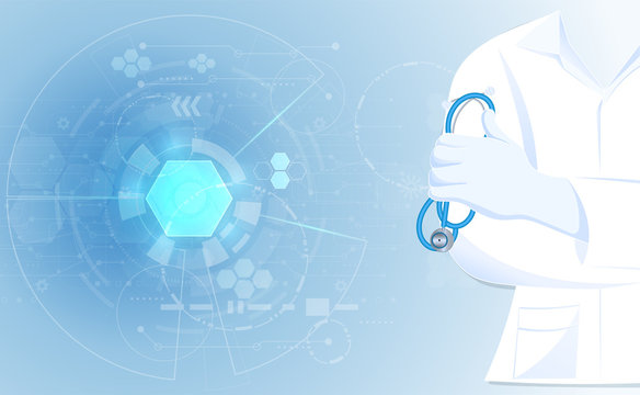 Abstract Doctor Close Up In Hospital Gown Lab Coat Uniforms With Holding Stethoscope Concept Health And Medical On Blue Background.