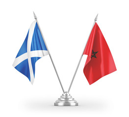 Morocco and Scotland table flags isolated on white 3D rendering