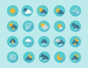Weather flat icons. Interface infographic elements with sun clouds rain fog wind symbols. Vector flat icon set in blue color with silhouette freeze lightning hail wind