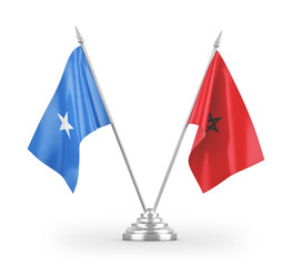 Morocco and Somalia table flags isolated on white 3D rendering