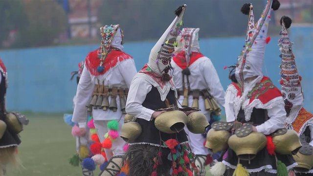 Participants take part in the International Festival of Masquerade Games Surva. The festival promotes variations of ancient Bulgarian and foreign customs and masks. x5 slow motion.
