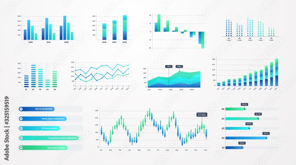 Aufkleber Histogram charts. Business infographic template with stock diagrams and statistic bars, line graphs and charts for presentation and finance report. Vector set charting on dashboard