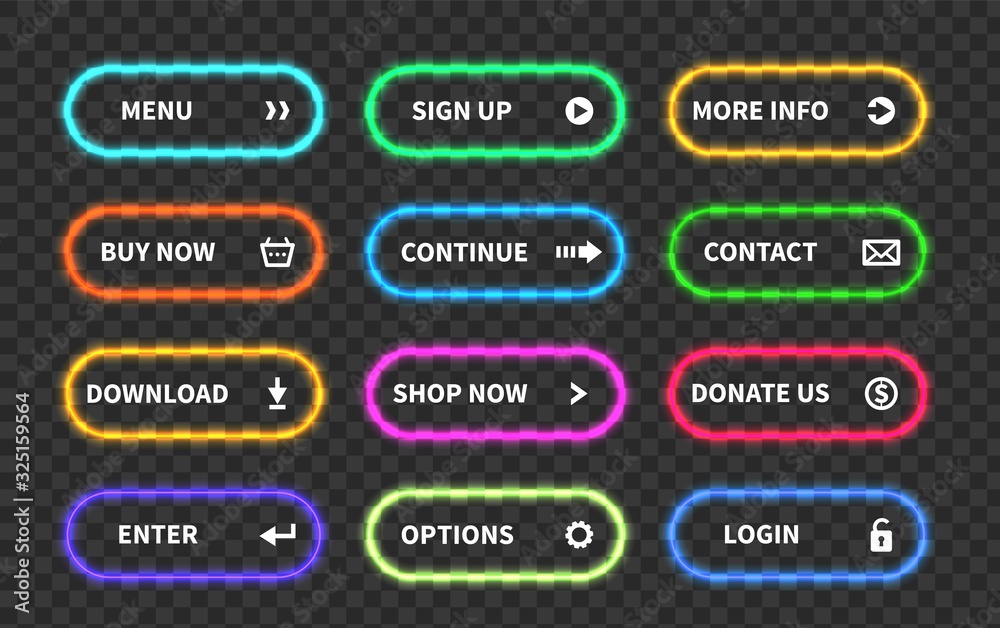 Poster Set of glow action buttons. Neon web submit form, modern transition sign, game navigation. Glowing 3d vector ui design bright element