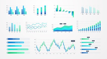 Histogram charts. Business infographic template with stock diagrams and statistic bars, line graphs and charts for presentation and finance report. Vector set charting on dashboard - obrazy, fototapety, plakaty