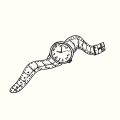 Strap watch, hand drawn doodle, drawing in gravure style, sketch illustration, design element