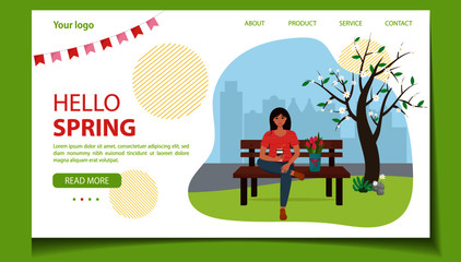 Woman sitting on the bench with spring flowers in gift box. Landing page template. Cute vector illustration in flat style.
