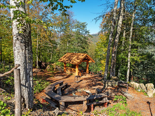 Picnic place with a wooden gazebo, tables and benches made of wood among the trees of the forest and mountains
