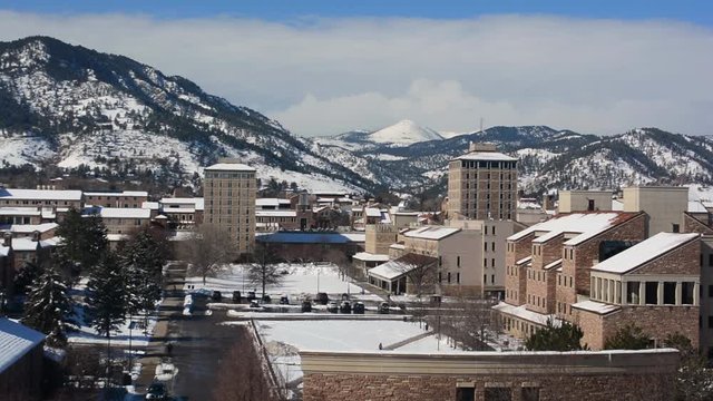 The University of Colorado Boulder Campus on a Snowy Winter Day with the Rocky Mountains in the Background
