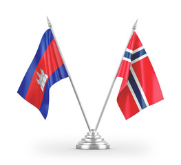 Norway and Cambodia table flags isolated on white 3D rendering