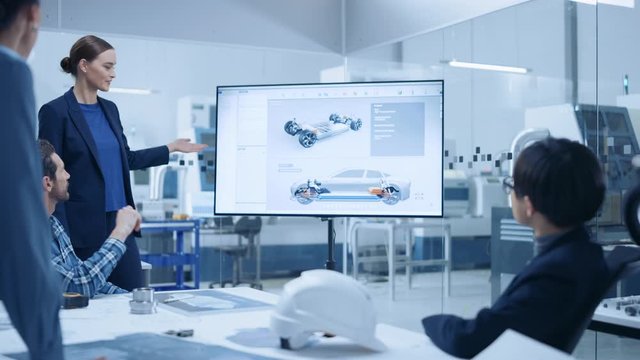 Confident Female Automotive Engineer Reports to Diverse Team of Specialists, Managers, Businesspeople and Investors Sitting at the Conference Table, She Shows TV with 3D Prototype of Electric Car