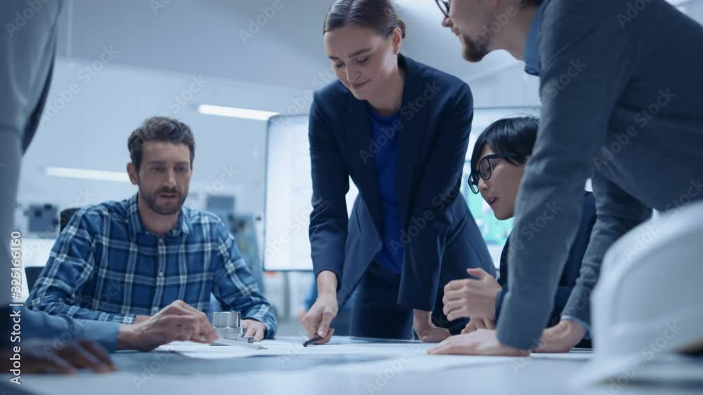 Poster Busy Diverse Team of Computer Engineers and Specialists Gather Around Conference Table, They Discuss Project Drafts and Blueprints, Find Problem Solutions. Industrial Technology Factory Meeting Room