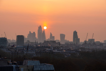 London city aerial sunrise view, hazy early morning